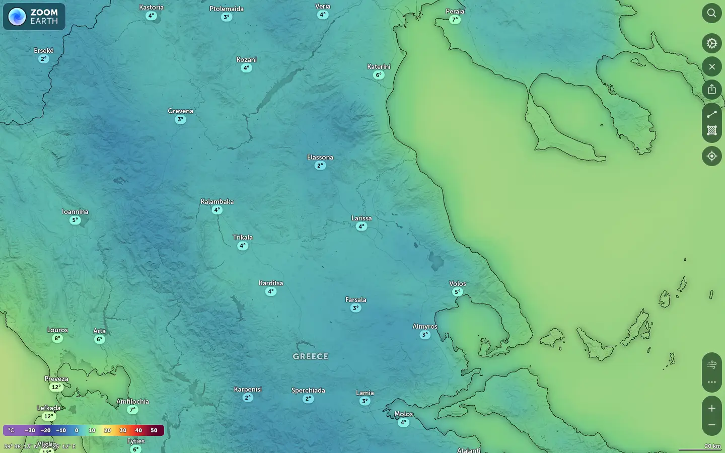 Χάρτης θερμοκρασίας Λάρισα καιρός