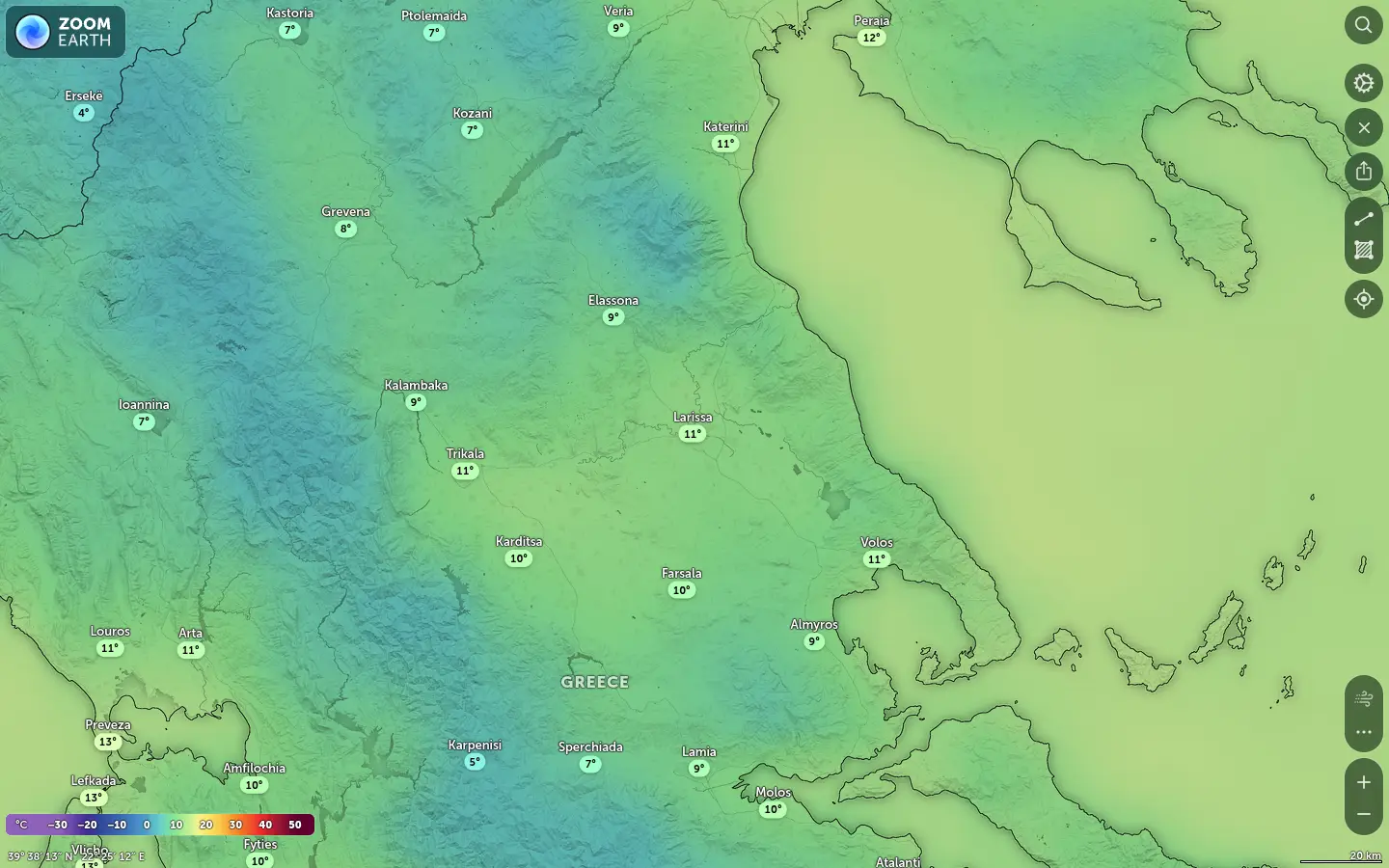 Χάρτης θερμοκρασίας Λάρισα καιρός