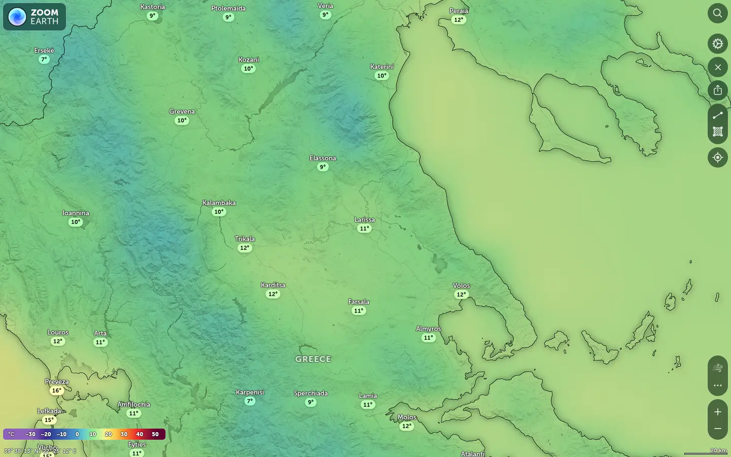 Χάρτης θερμοκρασίας Λάρισα καιρός